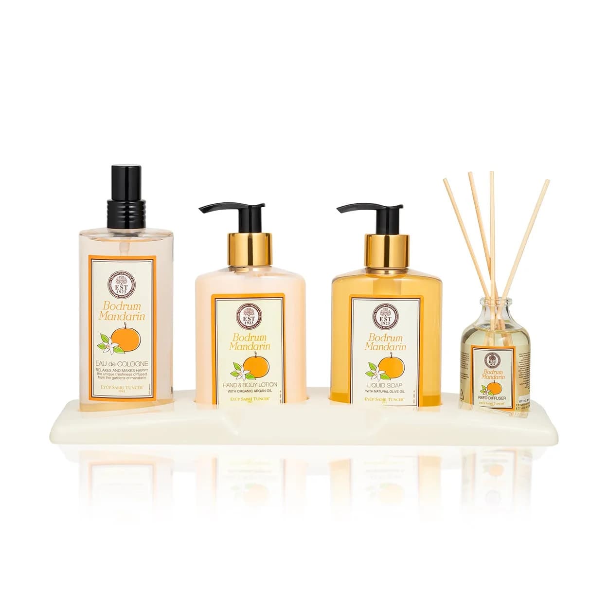 طقم فاخر العناية  | برائحة المندرين |  ( عطر 150 مل وكريم للجسم 250 مل وصابون سائل 250 مل وفواحة 50 مل )