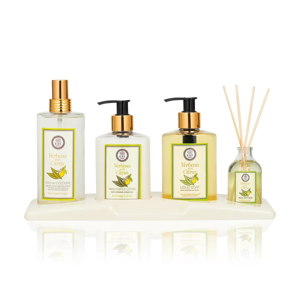 طقم فاخر العناية |  برائحة الحمضيات | ( عطر 150 مل وكريم للجسم 250 مل وصابون سائل 250 مل وفواحة 50 مل )