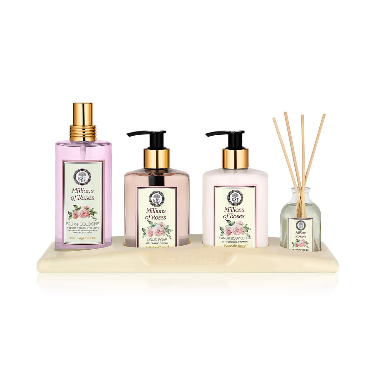 طقم فاخر العناية | برائحة ملايين الورود | ( عطر 150 مل وكريم للجسم 250 مل وصابون سائل 250 مل وفواحة 50 مل )