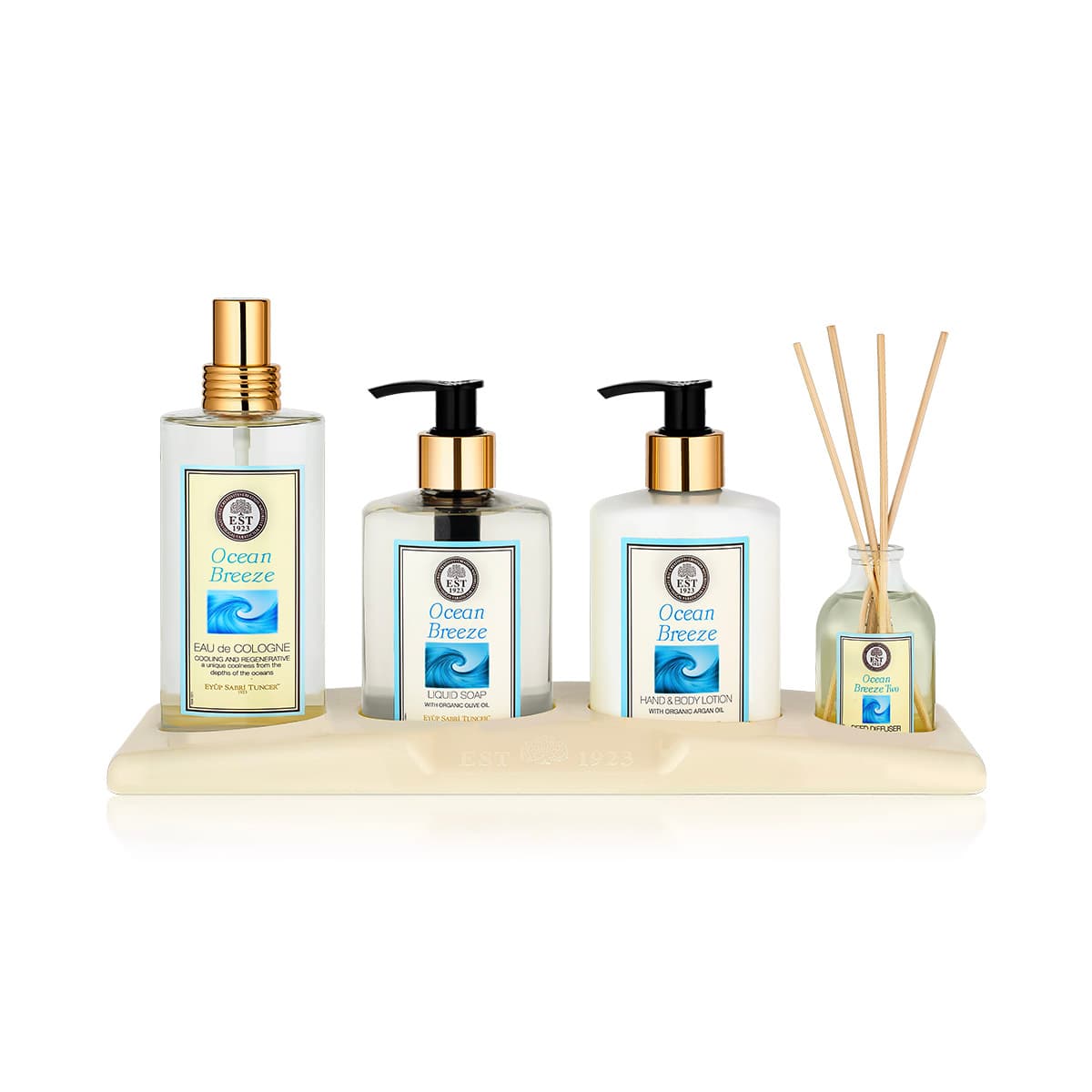 طقم فاخر العناية | برائحة نسيم المحيط | ( عطر 150 مل وكريم للجسم 250 مل وصابون سائل 250 مل وفواحة 50 مل )