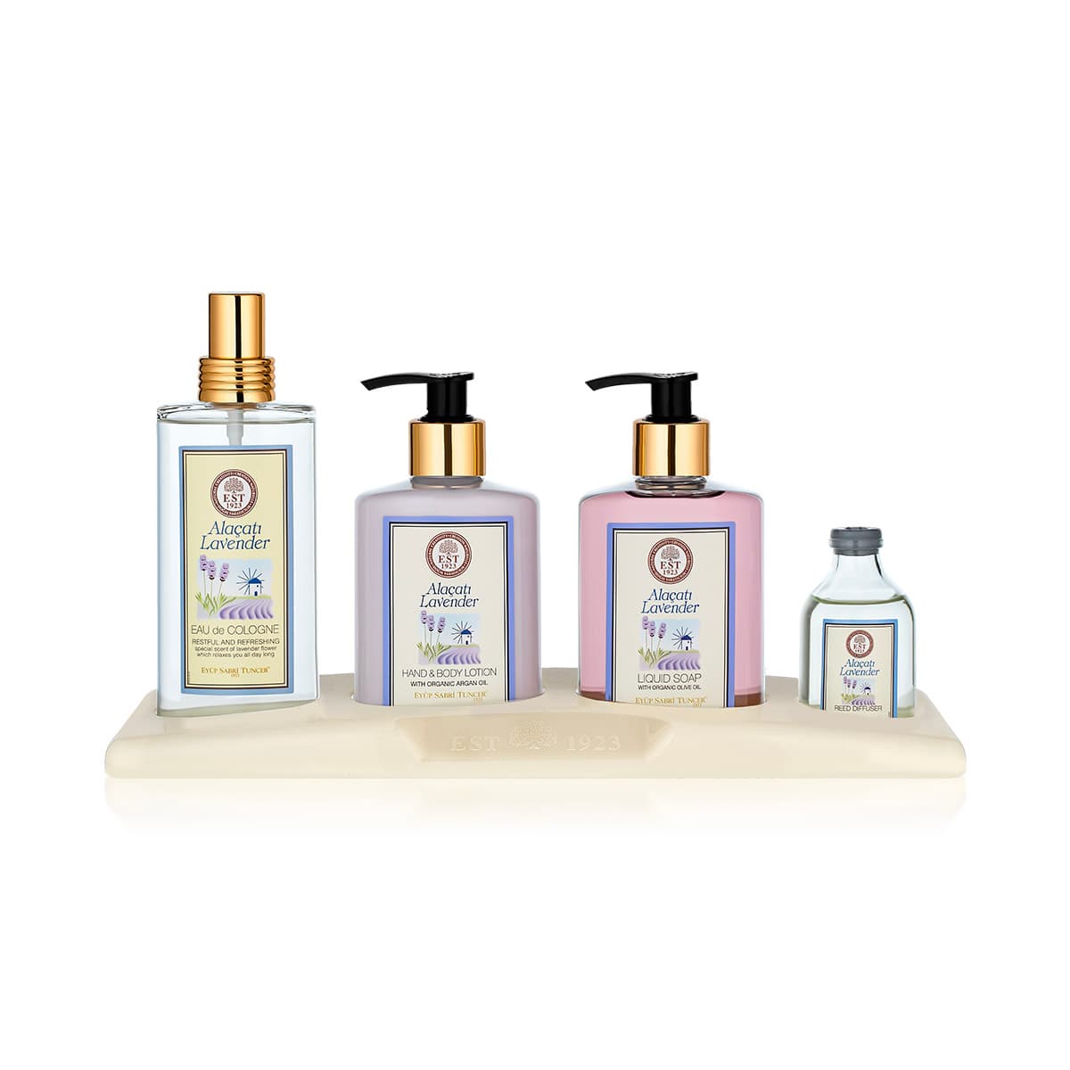 طقم فاخر العناية  | برائحة الخزامى اللافندر | ( عطر 150 مل وكريم للجسم 250 مل وصابون سائل 250 مل وفواحة 50 مل  )